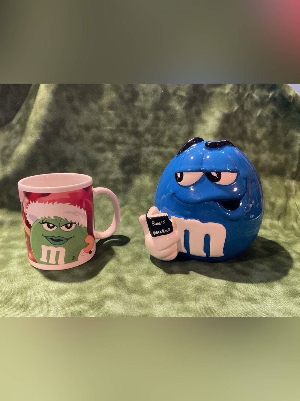 Vintage M&M's Collectible Galerie Blue Cookie Jar (No Lid) & Ms. Green Mug